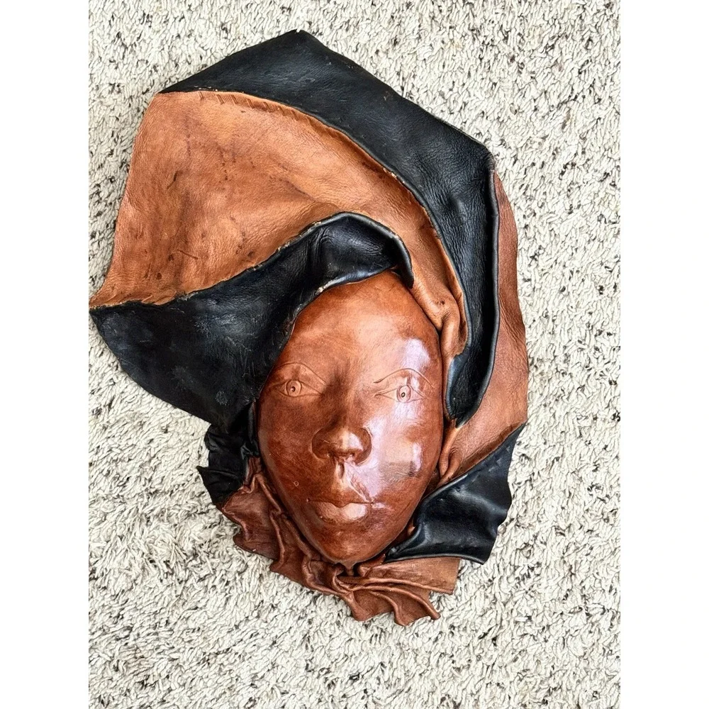 Vintage Africa Tribal‎ Leather Face Mask Hand Sculptured Decorative Wall Art